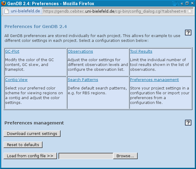 Screenshot of the GenDB Preferences Management Configuration Dialog.