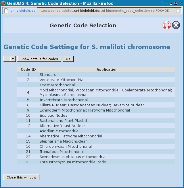 GenDB Genetic Code Selection Dialog
