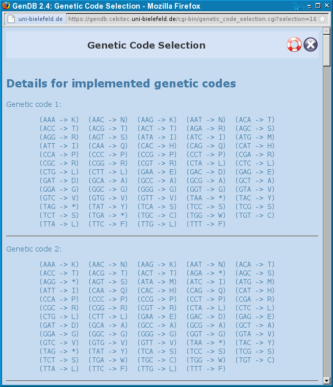 GenDB Genetic Code Details