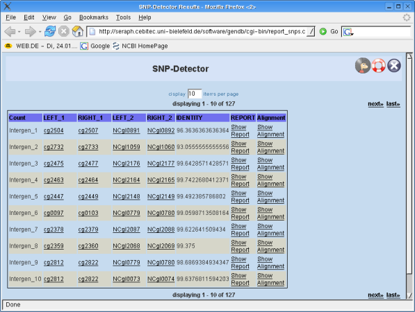 Screenshot of the SNP Detector result list.