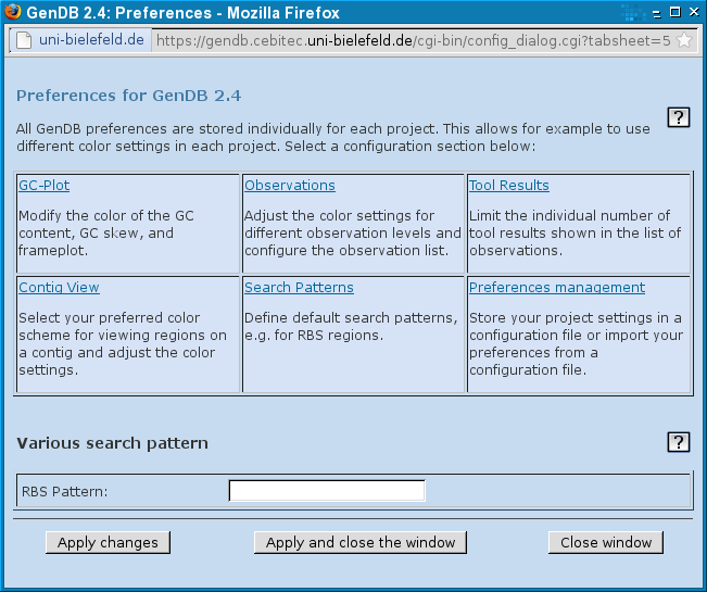 Screenshot of the GenDB Search Patterns Configuration Dialog.
