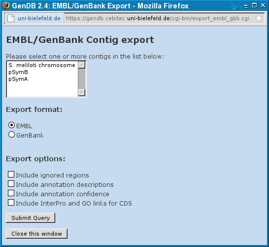 GenDB EMBL and GenBank export dialog.