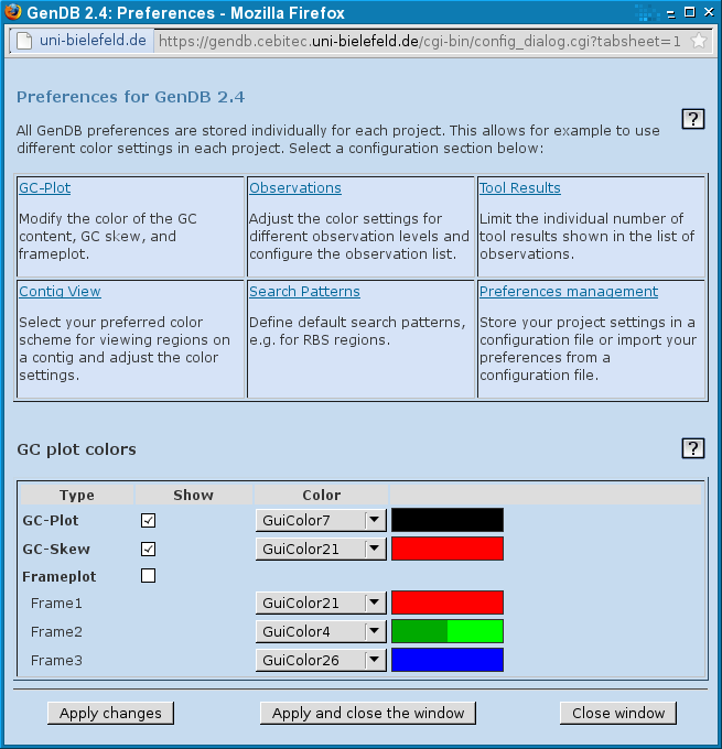 Screenshot of the GenDB GC Plot Configuration Dialog.